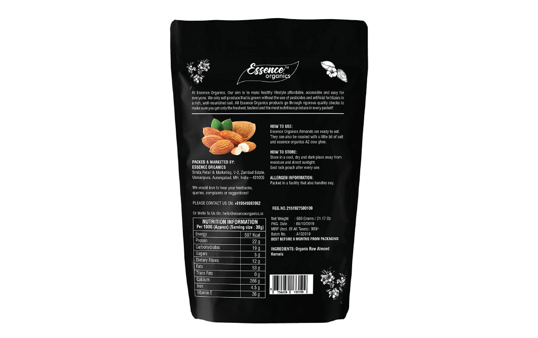 Essence Organics Raw & Unsalted Almonds    Pack  600 grams